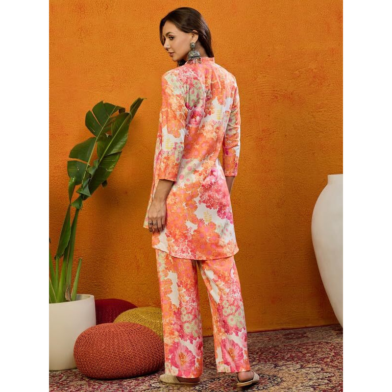 Vaamsi Women's Cotton Blend Floral Printed Straight Co-ord Set (VCORD1033_M_Orange)