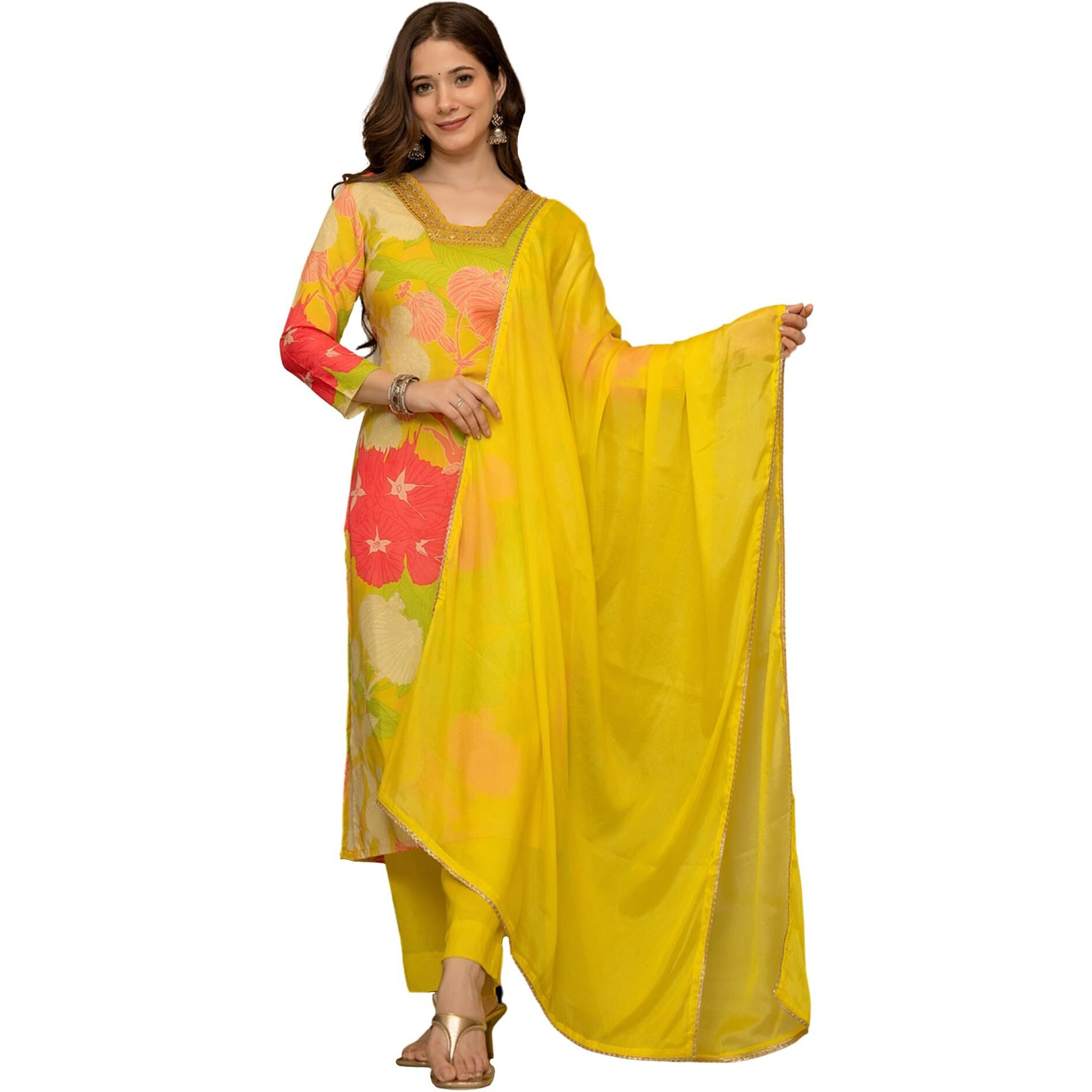 Vaamsi Women's Rayon Blend Floral Straight Printed Kurta Pant With Dupatta (PKSKD2425_XL_Yellow)