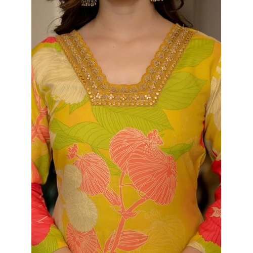 Vaamsi Women's Rayon Blend Floral Straight Printed Kurta Pant With Dupatta (PKSKD2425_XXL_Yellow)