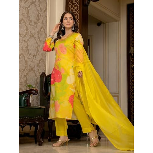Vaamsi Women's Rayon Blend Floral Straight Printed Kurta Pant With Dupatta (PKSKD2425_XXL_Yellow)