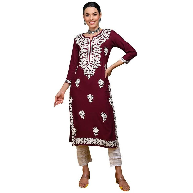 Vaamsi Women's Viscose Rayon Solid Embroidered Straight Kurta (VCK9770WIN_XL_Burgundy)