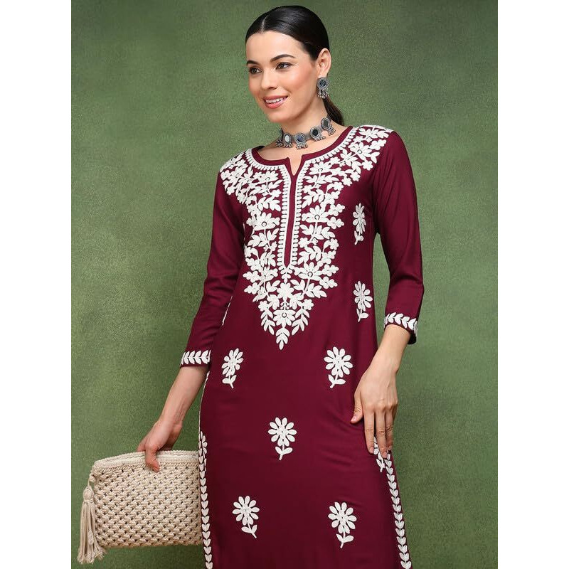 Vaamsi Women's Viscose Rayon Solid Embroidered Straight Kurta (VCK9770WIN_XL_Burgundy)