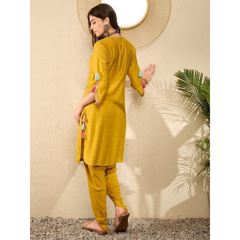 Vaamsi Women's Solid Straight Embroidered Kurta Dhoti Set With Tassels (VKSET1524_XXL_Mustard)