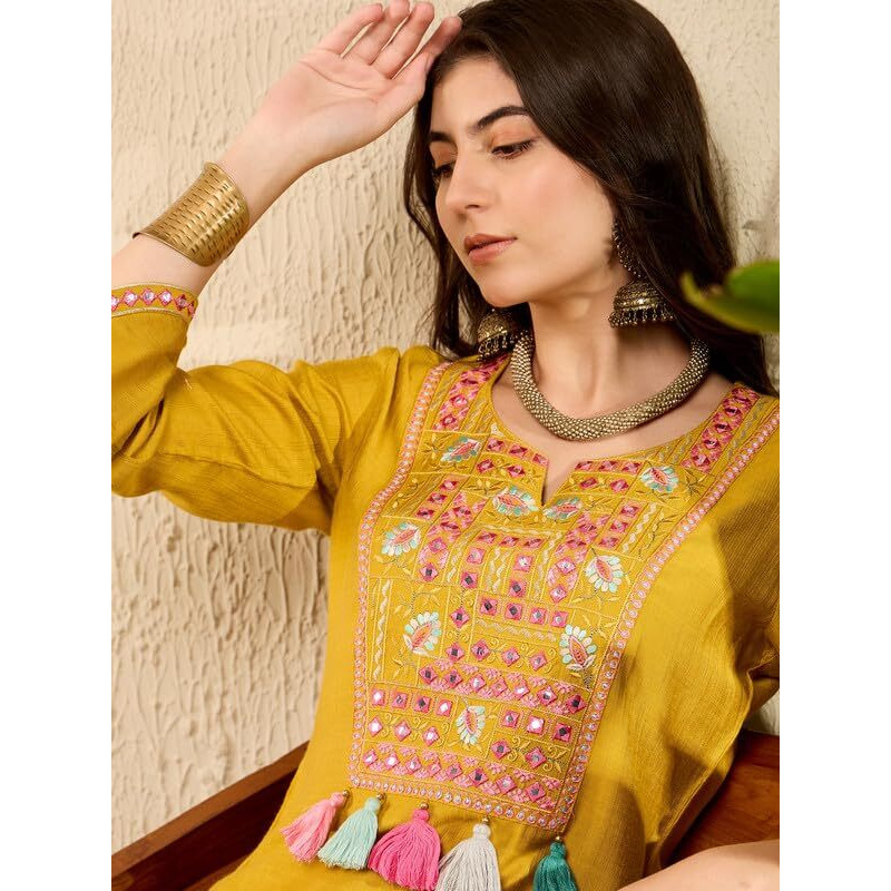 Vaamsi Women's Solid Straight Embroidered Kurta Dhoti Set With Tassels (VKSET1524_XXL_Mustard)