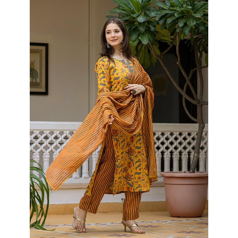 Vaamsi Women's Floral Straight Printed Kurta Pant With Dupatta Set (VKSKD2256_XS_Yellow)