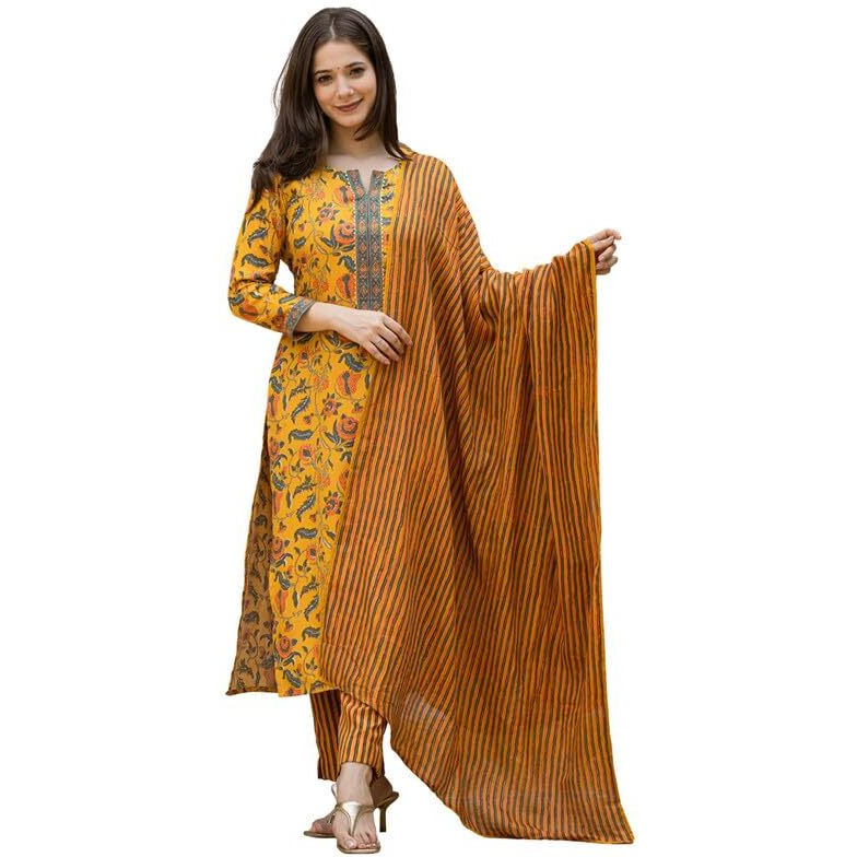 Vaamsi Women's Floral Straight Printed Kurta Pant With Dupatta Set (VKSKD2256_S_Yellow)