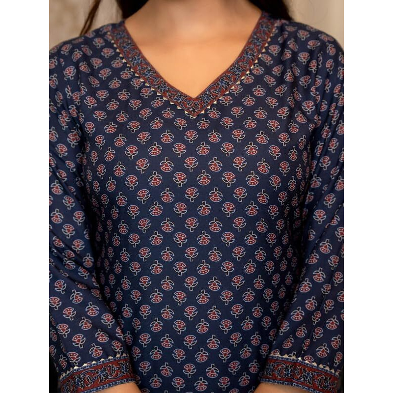 Vaamsi Women's Ethnic Motifs Straight Printed Kurta Pant With Dupatta (PKSKD2647_M_Navy Blue)