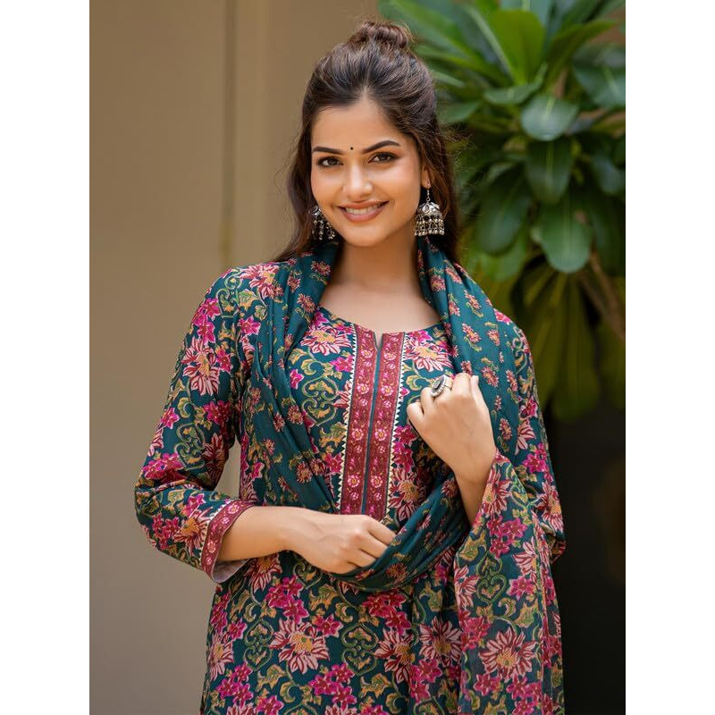 Vaamsi Women's Floral Straight Printed Kurta Pant With Dupatta Set (VKSKD2283_M_Green)