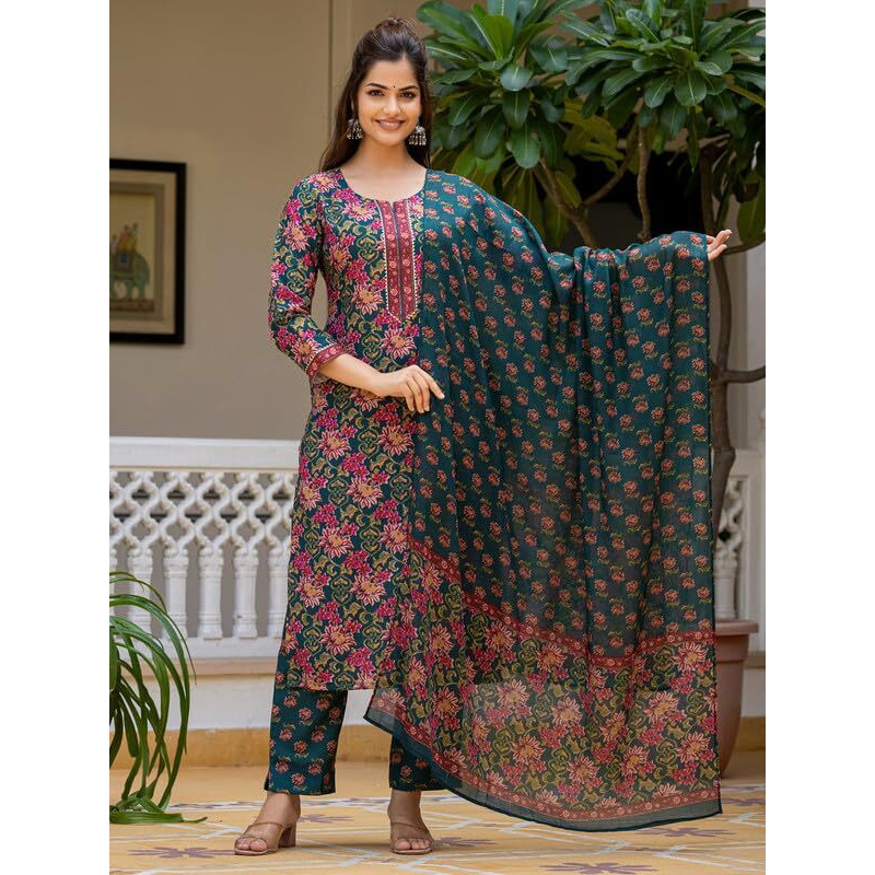 Vaamsi Women's Floral Straight Printed Kurta Pant With Dupatta Set (VKSKD2283_M_Green)