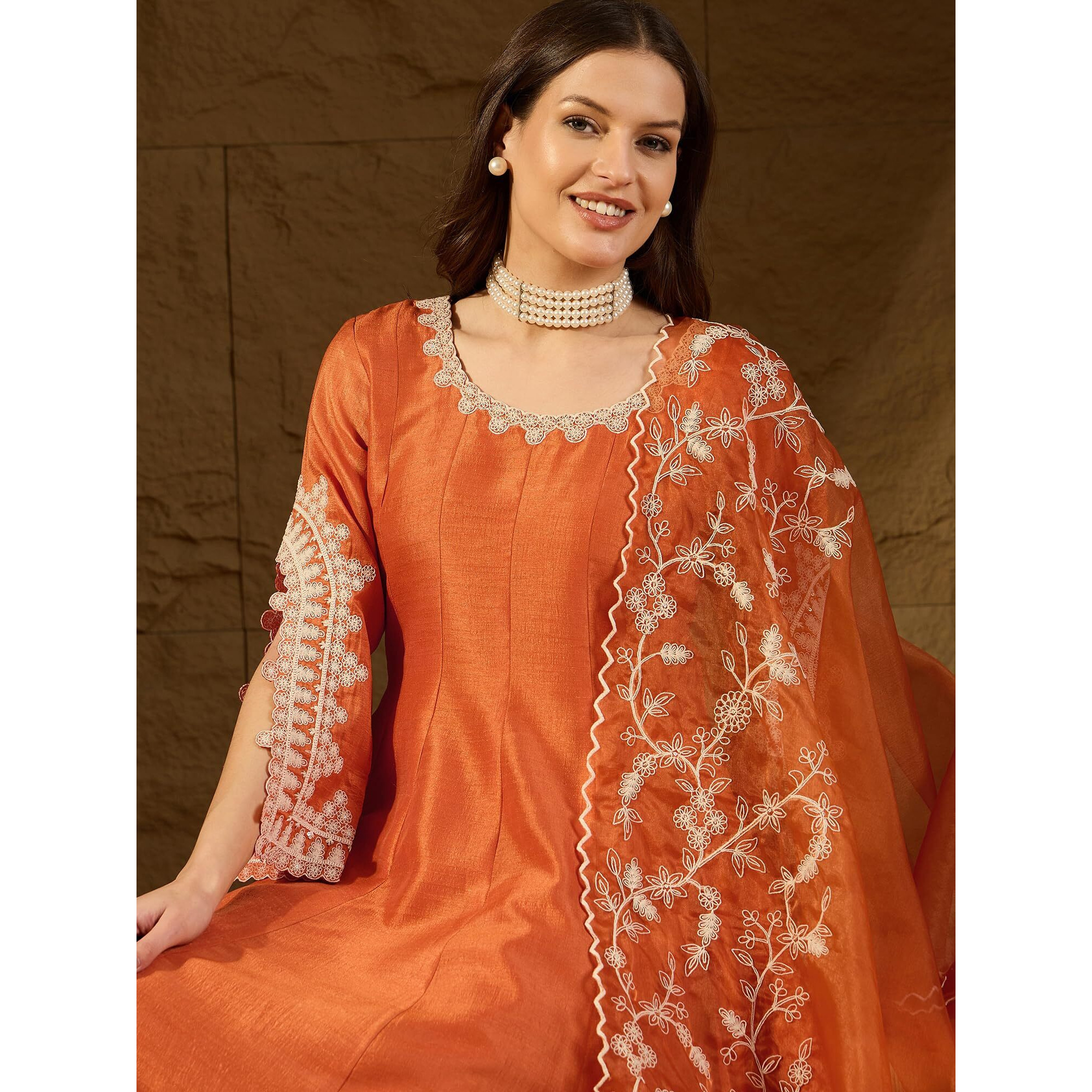 Vaamsi Women's Silk Blend Solid Embroidered Anarkali Kurta Pant With Dupatta Set (PKSKD2364_Orange_XS)