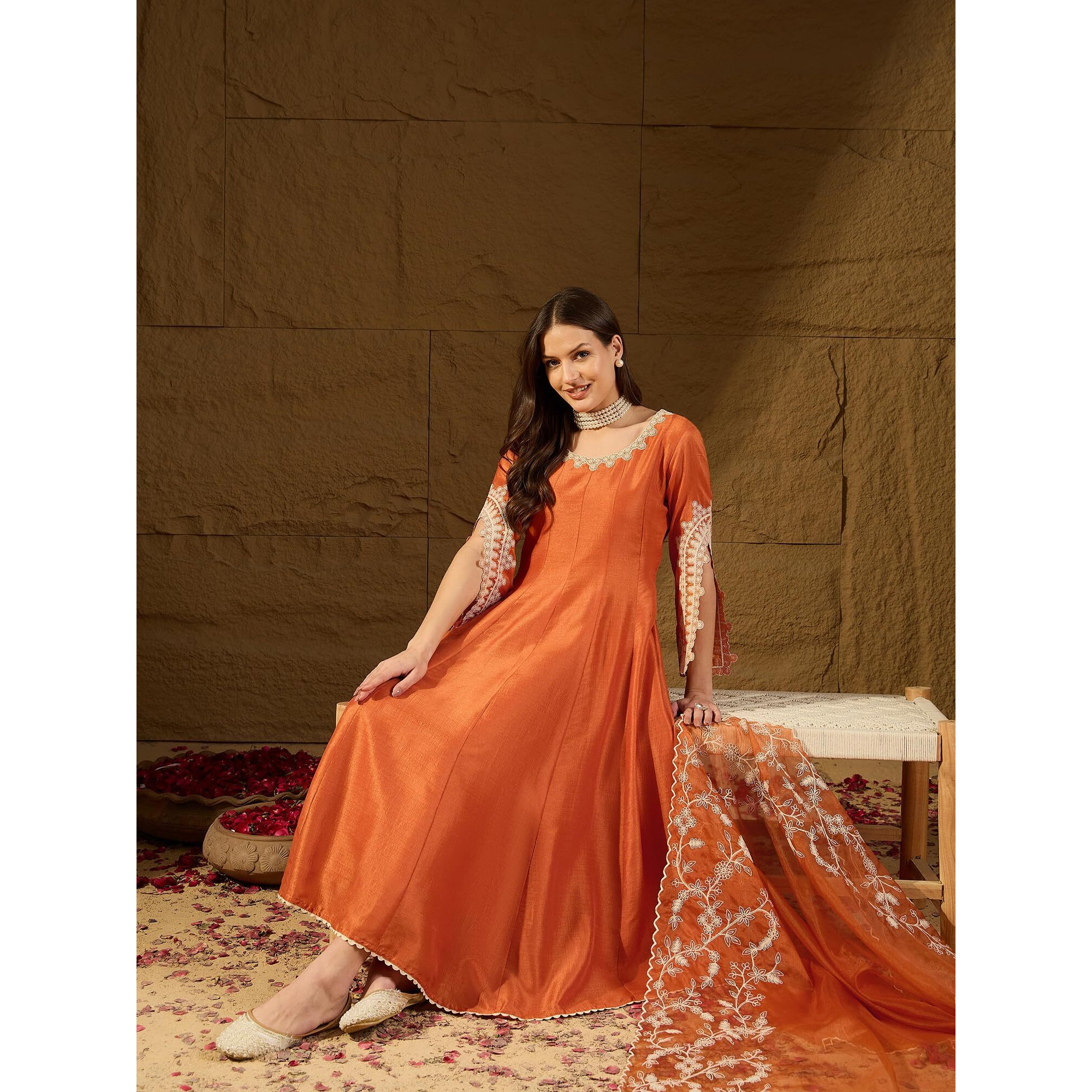 Vaamsi Women's Silk Blend Solid Embroidered Anarkali Kurta Pant With Dupatta Set (PKSKD2364_Orange_XS)