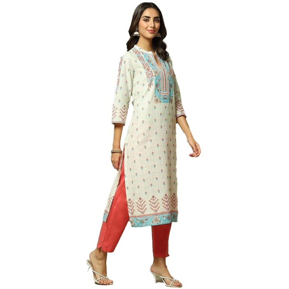 BIBA Women Cotton Printed Straight Kurta(Assorted19099_Beige_L)