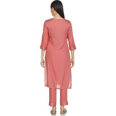 BIBA Women's Rayon Kurta Suit Set (SKDASRTD8815ESS23CRL_Coral_L)