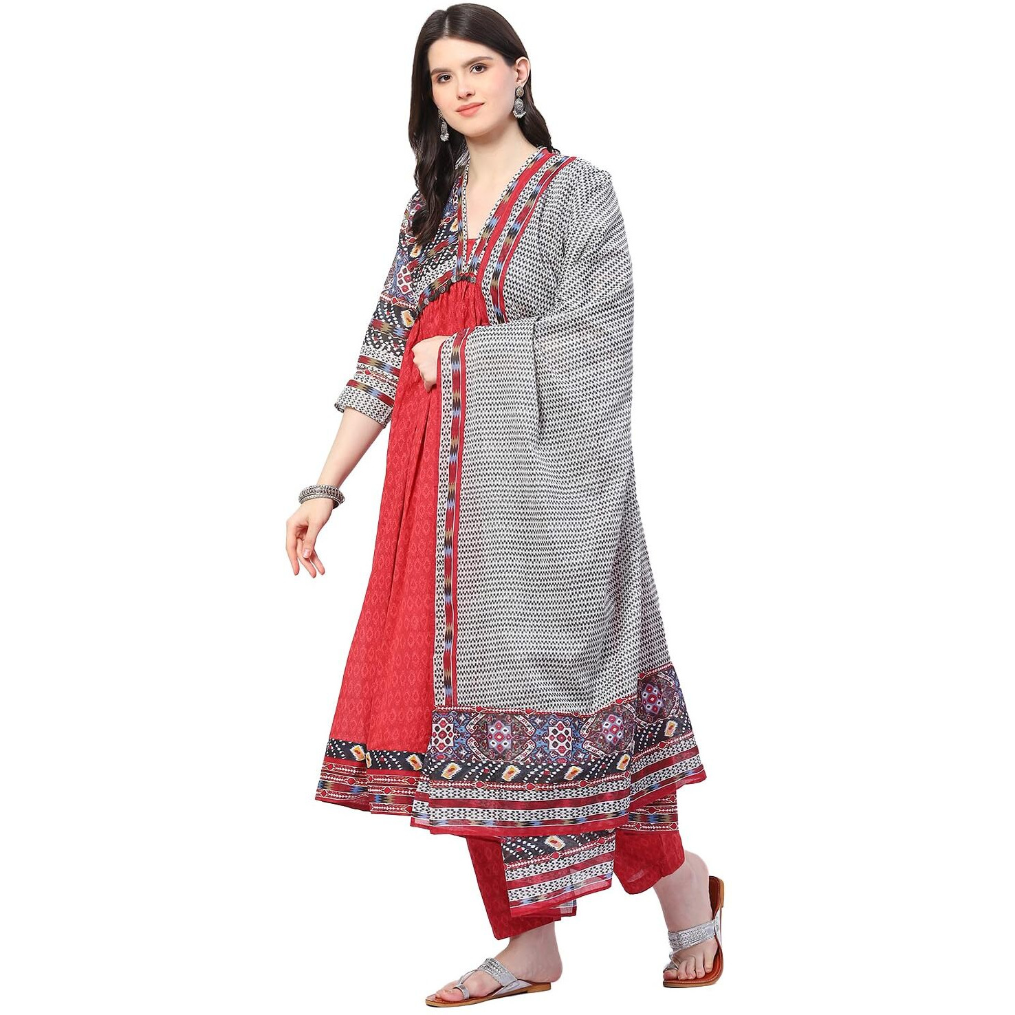 BIBA Women's Cotton Printed Anarkali Salwar Kurta Dupatta (Skdikat Sto8991_Maroon_40)