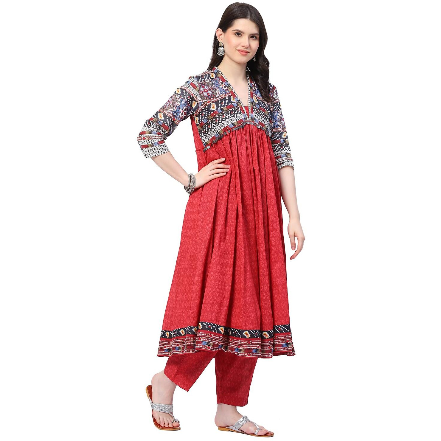 BIBA Women's Cotton Printed Anarkali Salwar Kurta Dupatta (Skdikat Sto8991_Maroon_40)