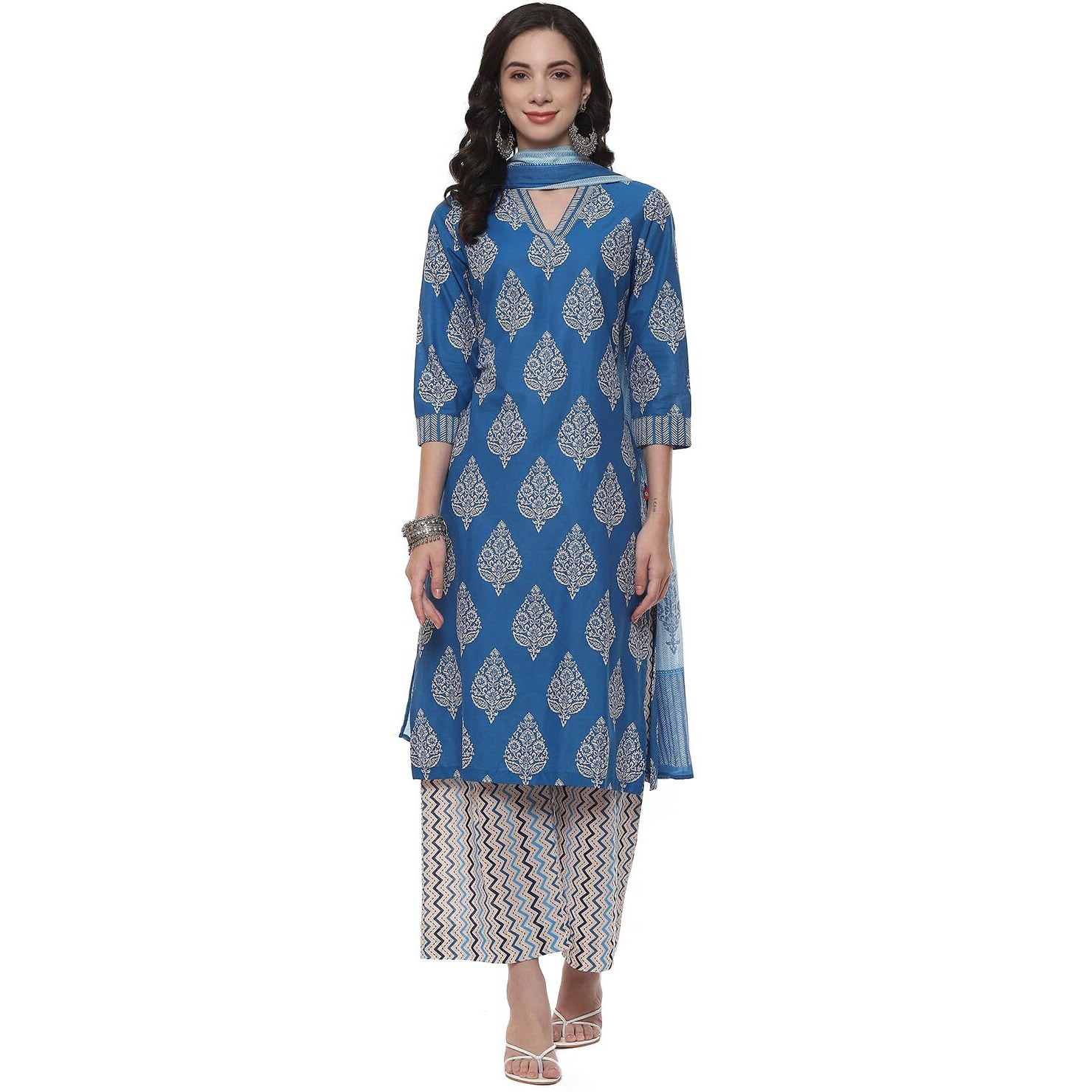 BIBA Women Cotton Blend Printed Straight Salwar Kurta Dupatta(Skdassorted7264E_Royal Blue_34)