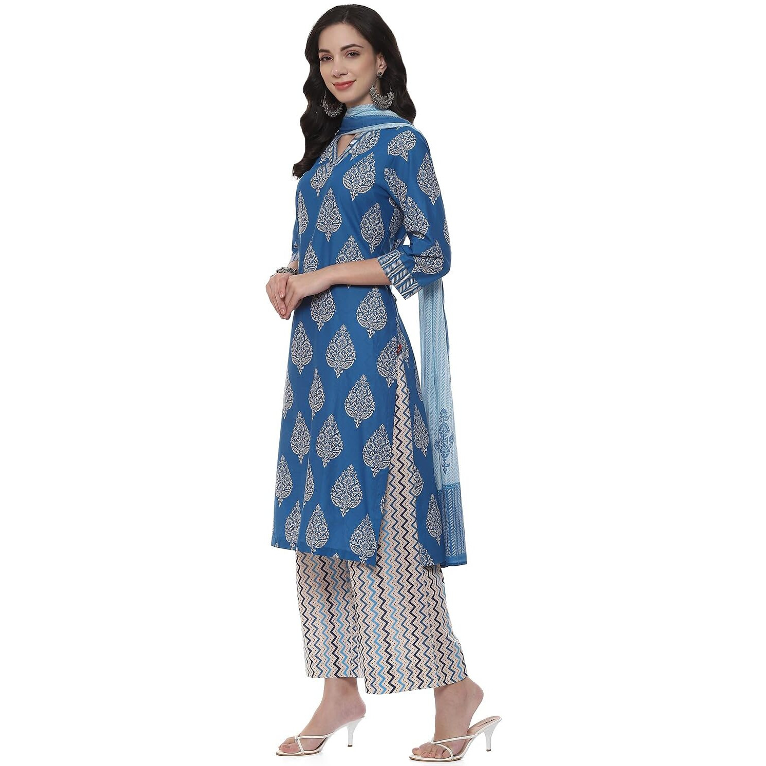 BIBA Women Cotton Blend Printed Straight Salwar Kurta Dupatta(Skdassorted7264E_Royal Blue_34)