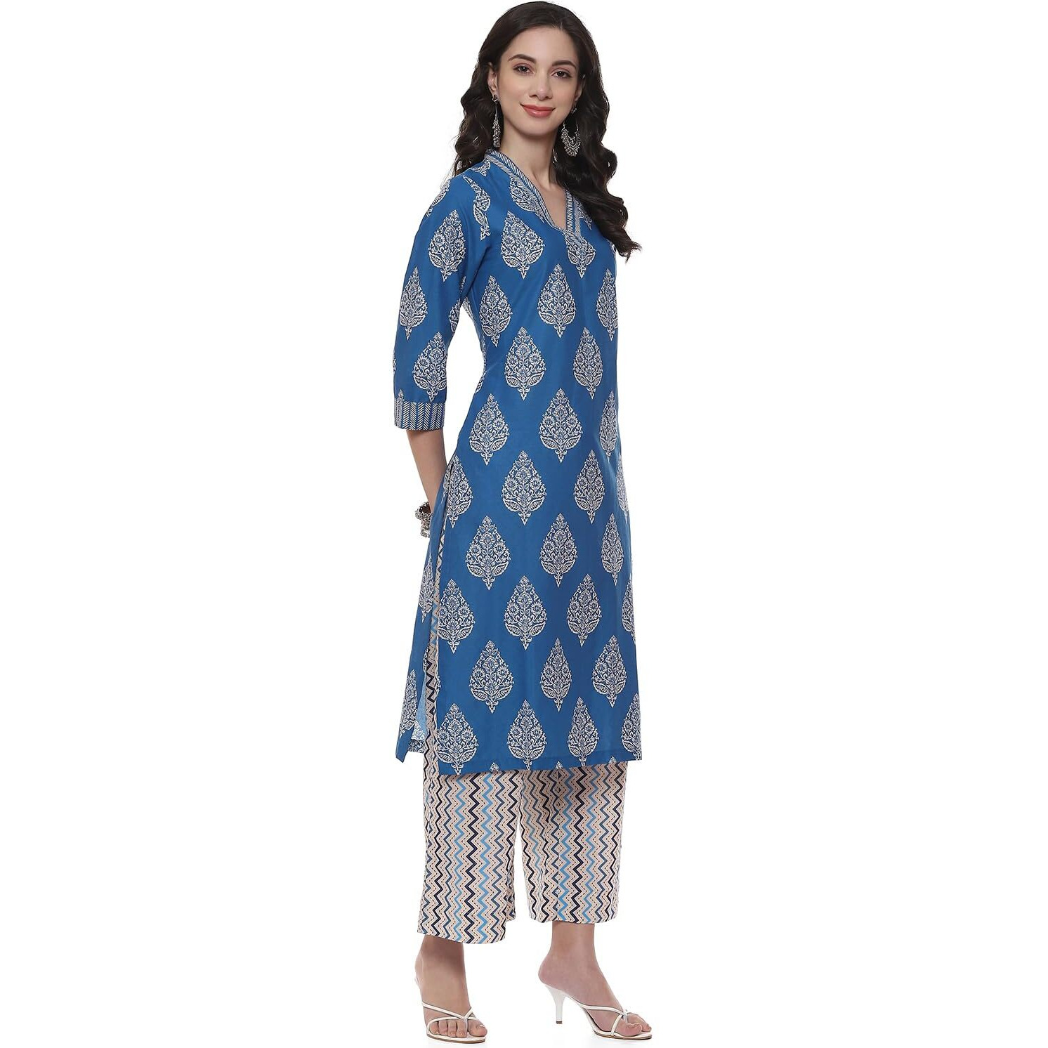 BIBA Women Cotton Blend Printed Straight Salwar Kurta Dupatta(Skdassorted7264E_Royal Blue_34)