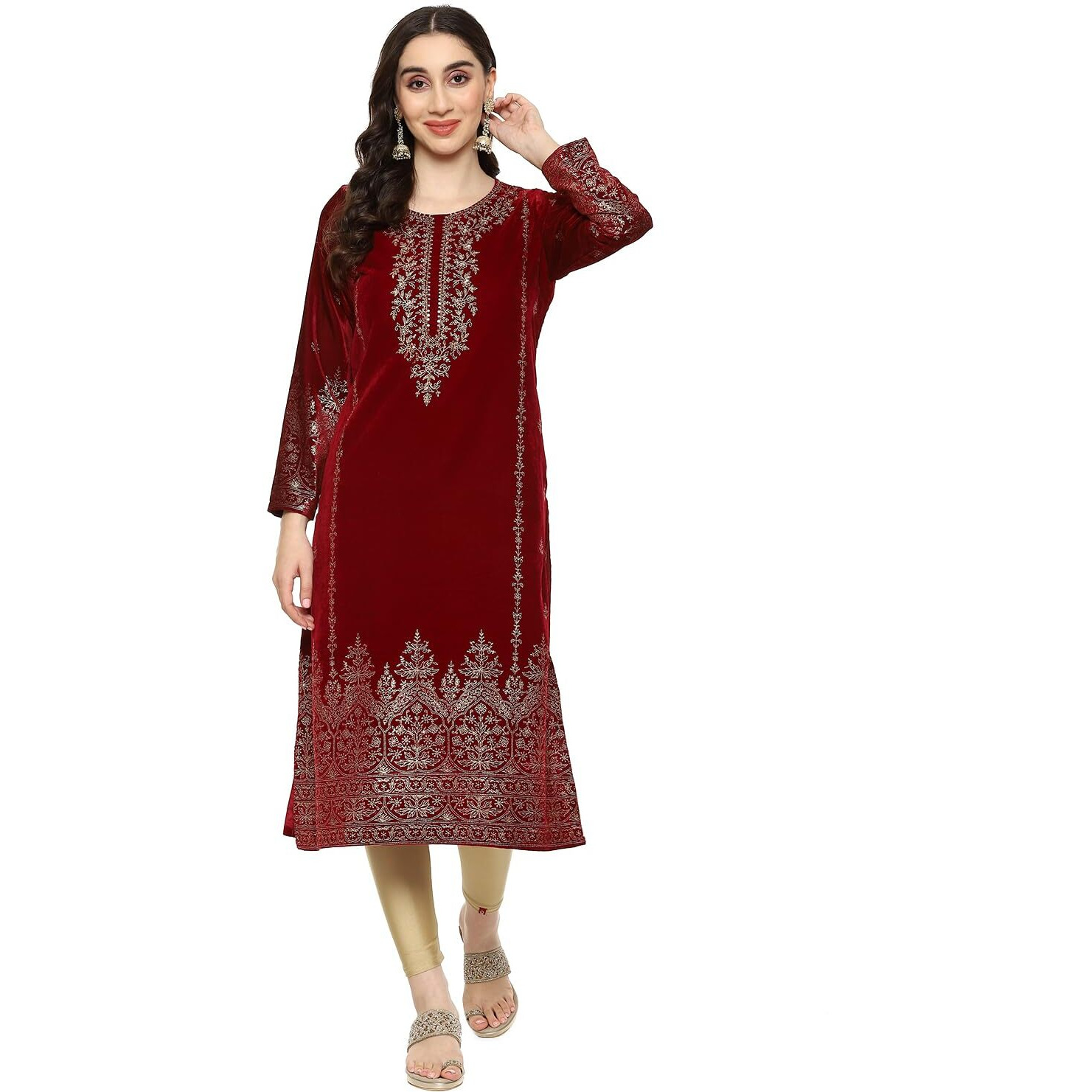 BIBA Womens Polyester Blend Printed Straight Mix and Match Kurta (Winter W19962_Maroon_36)