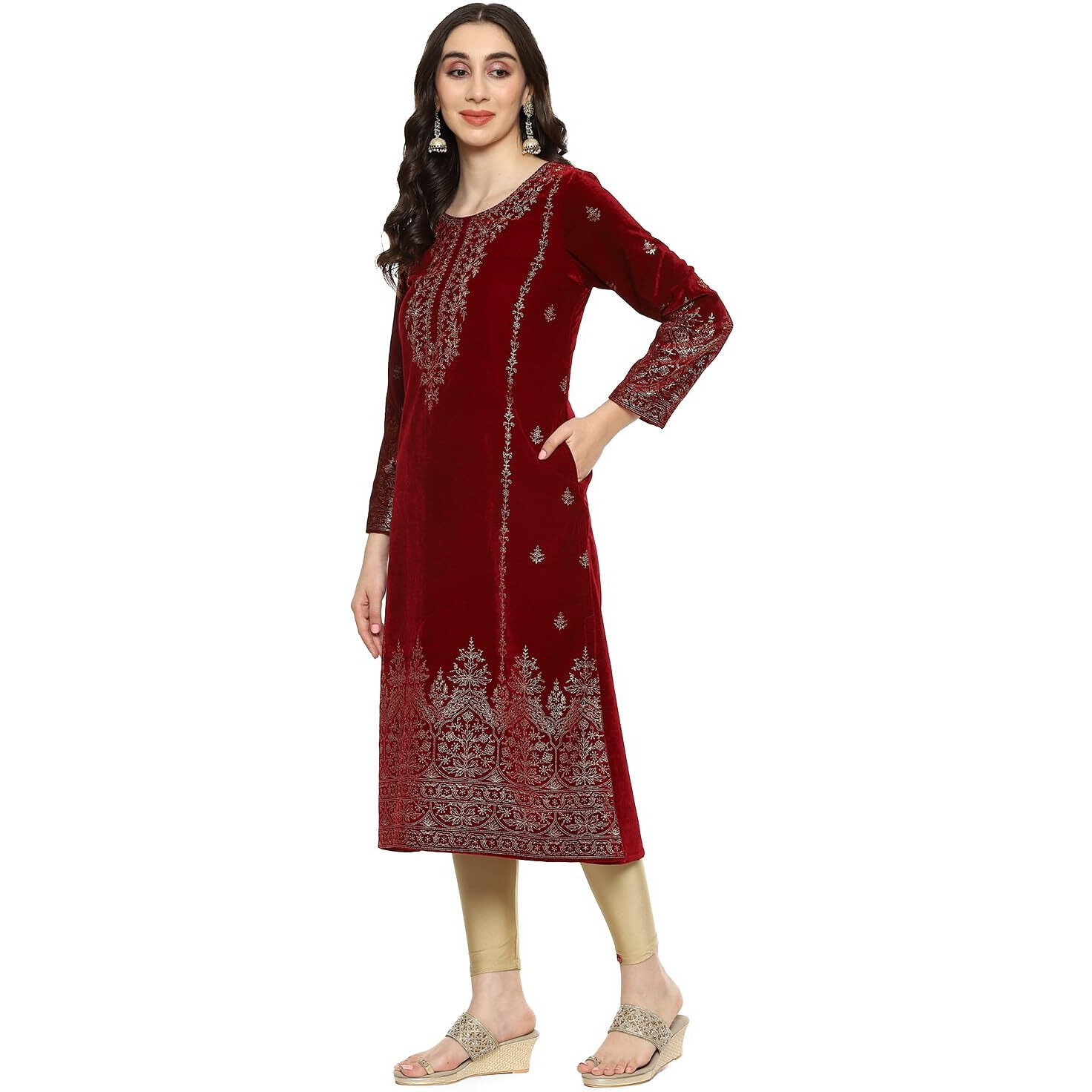 BIBA Womens Polyester Blend Printed Straight Mix and Match Kurta (Winter W19962_Maroon_36)