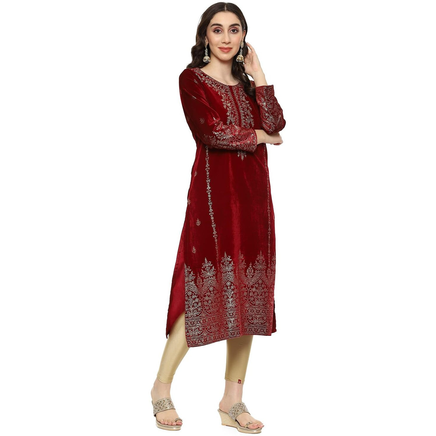BIBA Womens Polyester Blend Printed Straight Mix and Match Kurta (Winter W19962_Maroon_36)