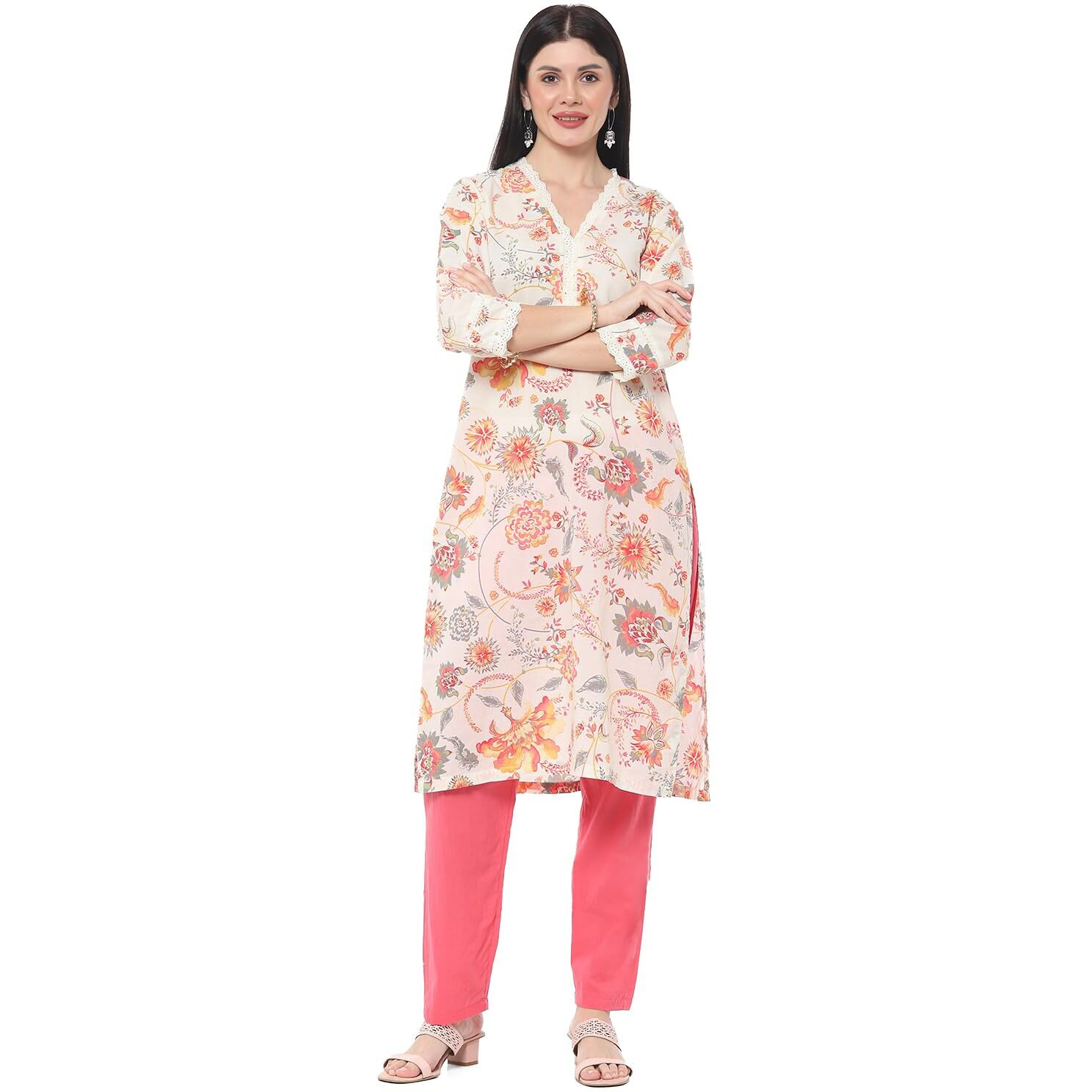 BIBA Women Printed Straight Kurta Mix and Match(Chintz POP COLLECTION20226_Off White_40)