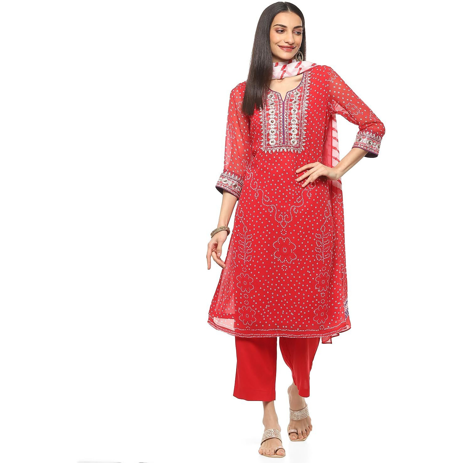 BIBA Women PRINTED STRAIGHT KURTA SALWAR KURTA DUPATTA(SKD9604_RED_40)
