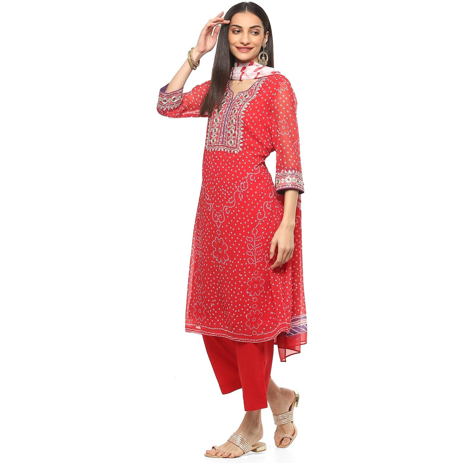 BIBA Women PRINTED STRAIGHT KURTA SALWAR KURTA DUPATTA(SKD9604_RED_40)