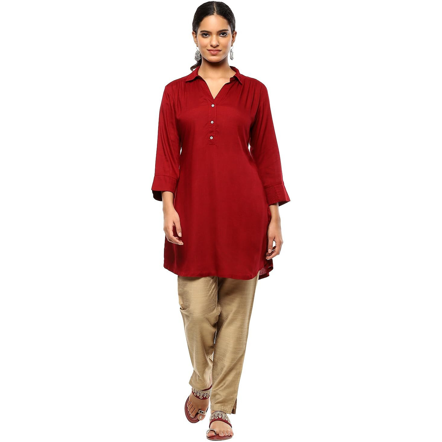 BIBA Women's Rayon Solid Regular Kurtas (SLDCR21576EAW24CRMRD_Crimson Red