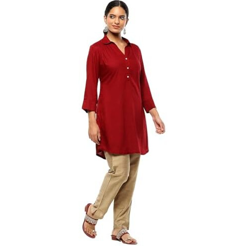 BIBA Women's Rayon Solid Regular Kurtas (SLDCR21576EAW24CRMRD_Crimson Red