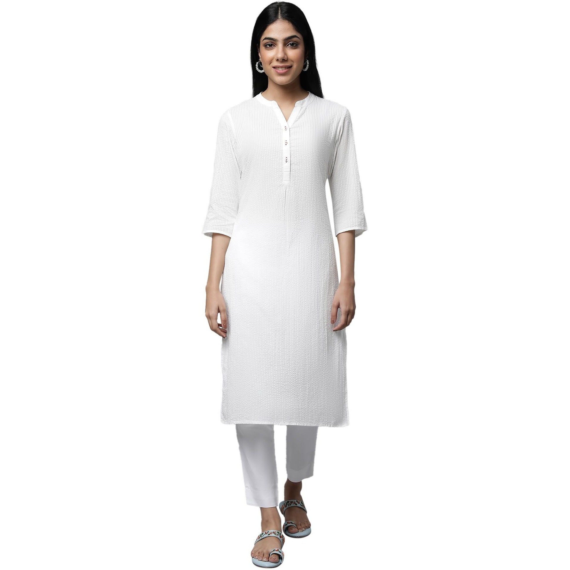Aurelia White Solid Cotton Rayon Blend Regular Kurta