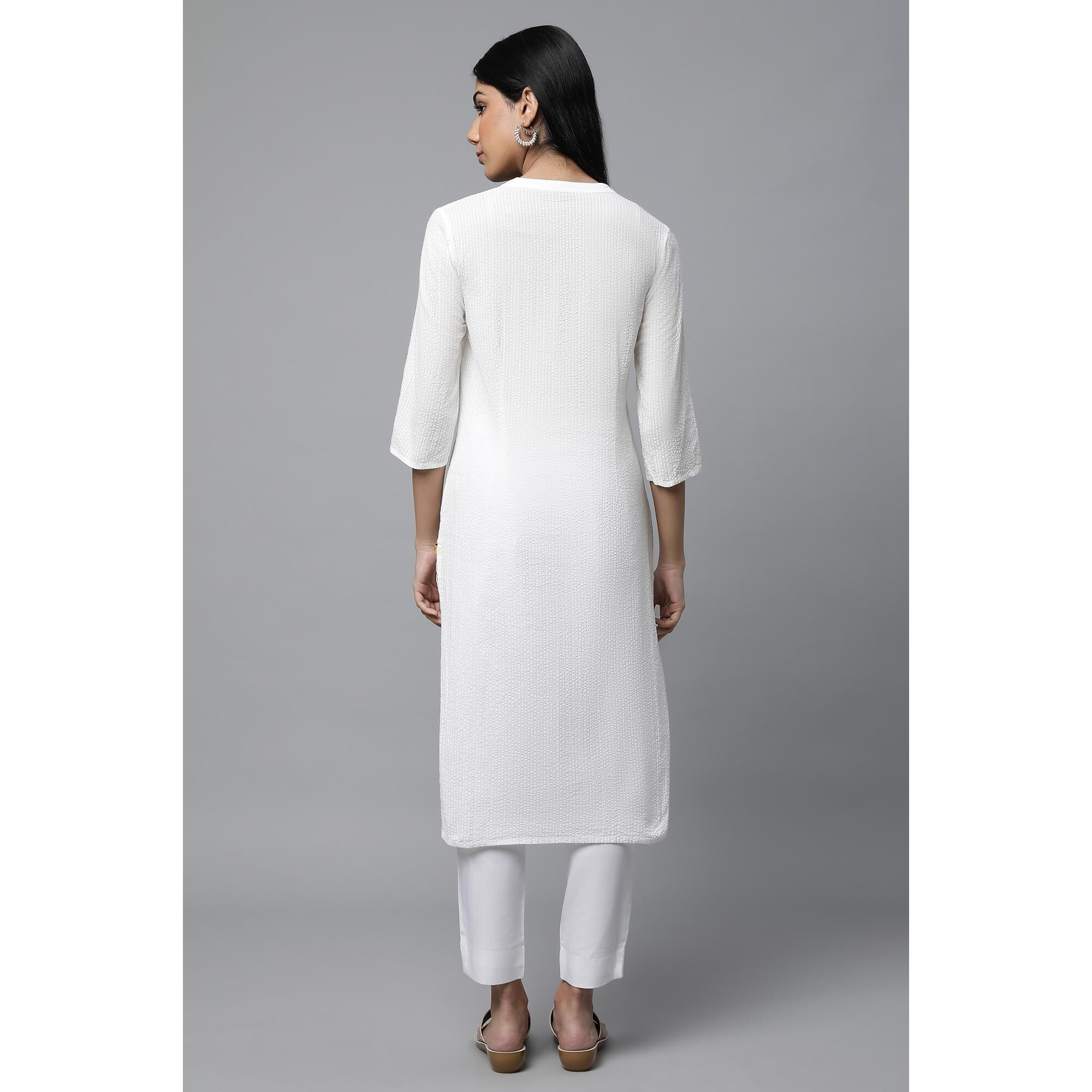 Aurelia White Solid Cotton Rayon Blend Regular Kurta