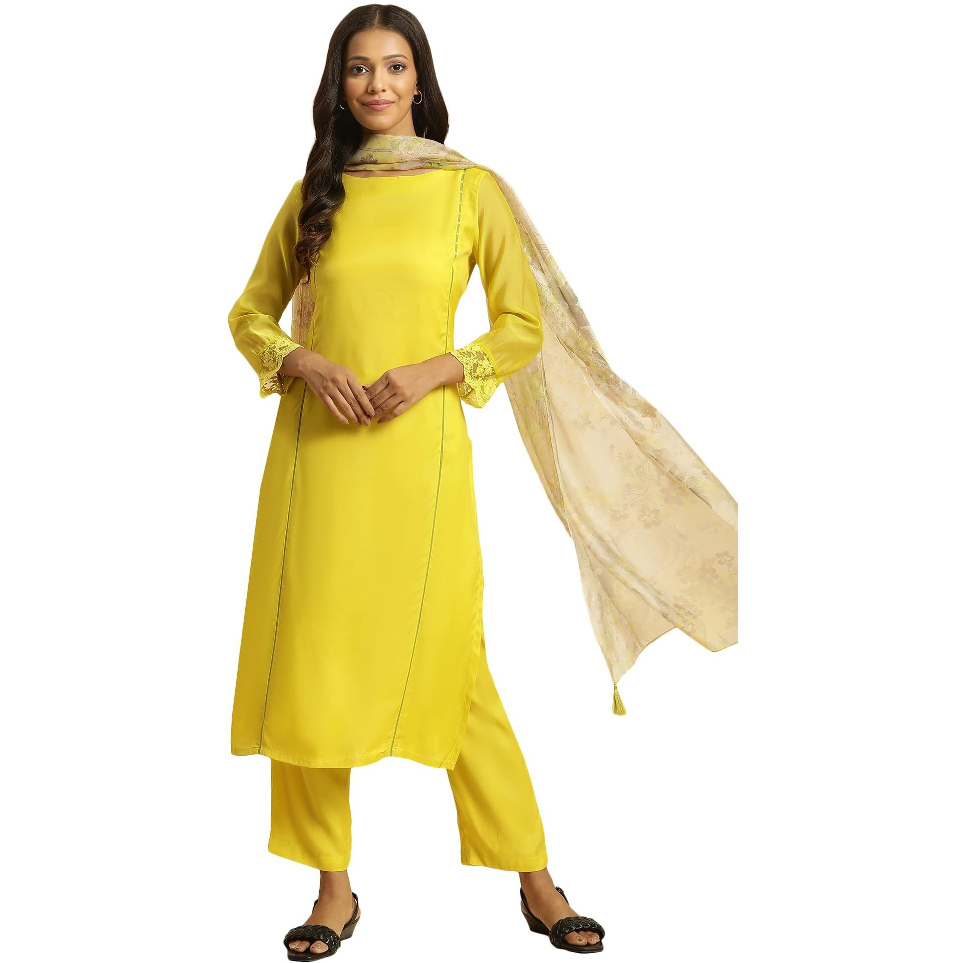 W For Woman Green Solid Lace Kurta Dupatta Bottomwear
