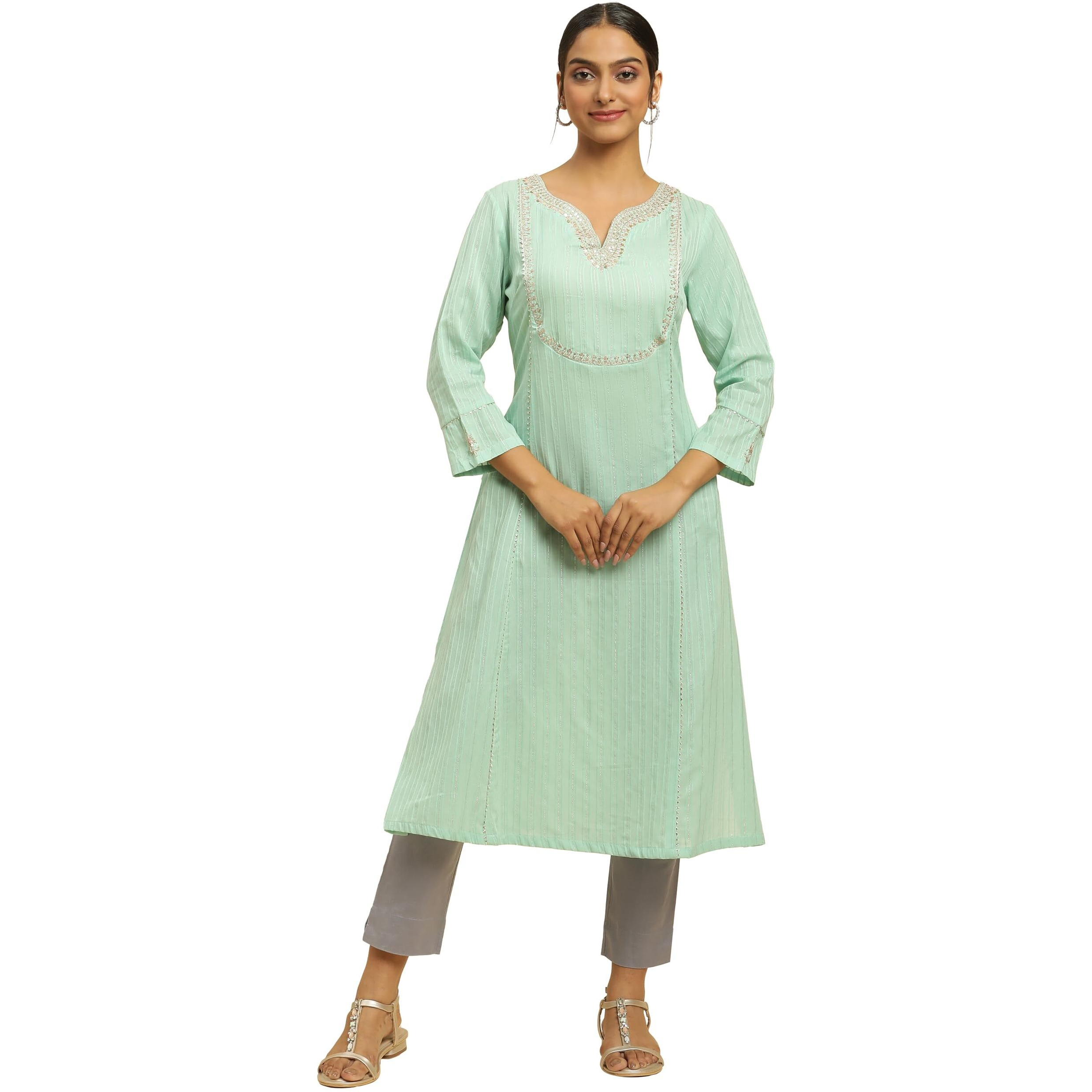 W for Woman Women's Cotton Solid Regular Kurta (23AUW19871-220625_Mint Blue_12)