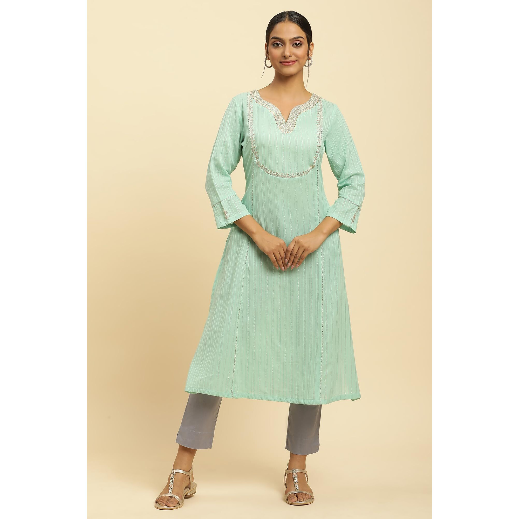 W for Woman Women's Cotton Solid Regular Kurta (23AUW19871-220625_Mint Blue_12)