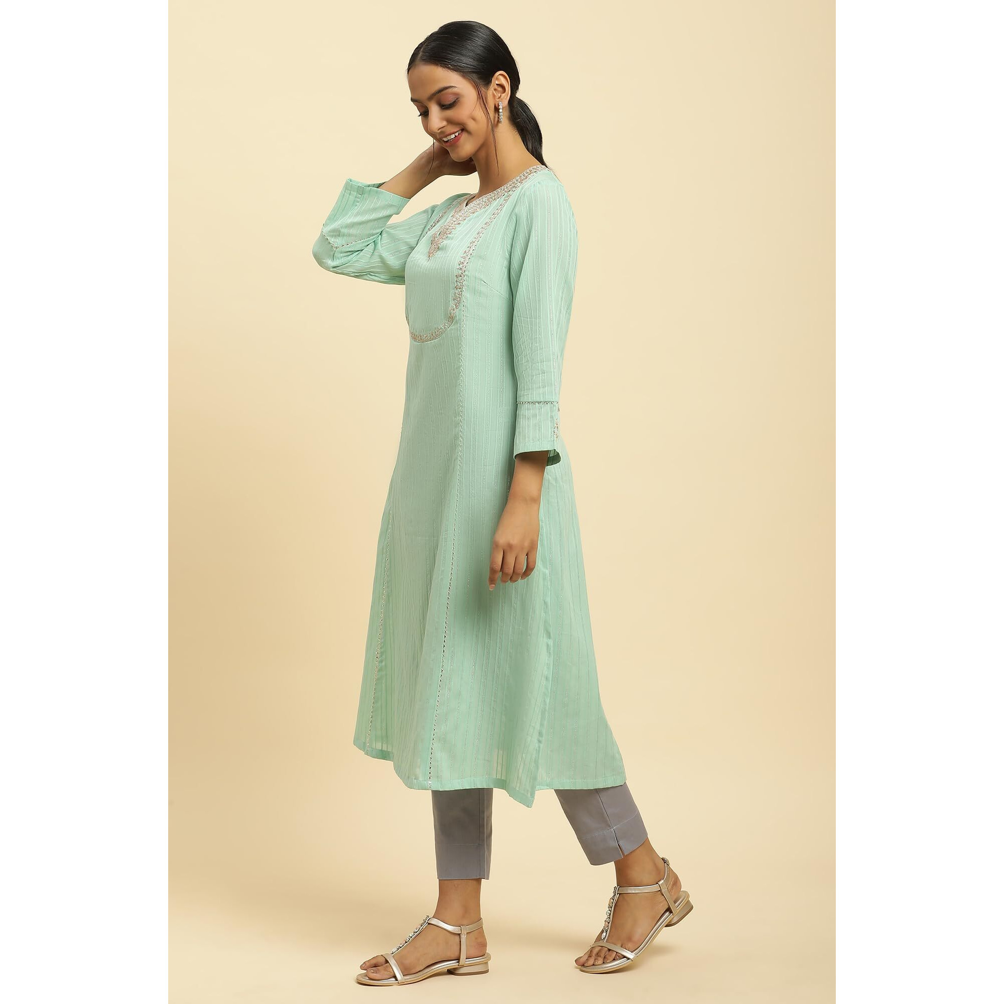 W for Woman Women's Cotton Solid Regular Kurta (23AUW19871-220625_Mint Blue_12)