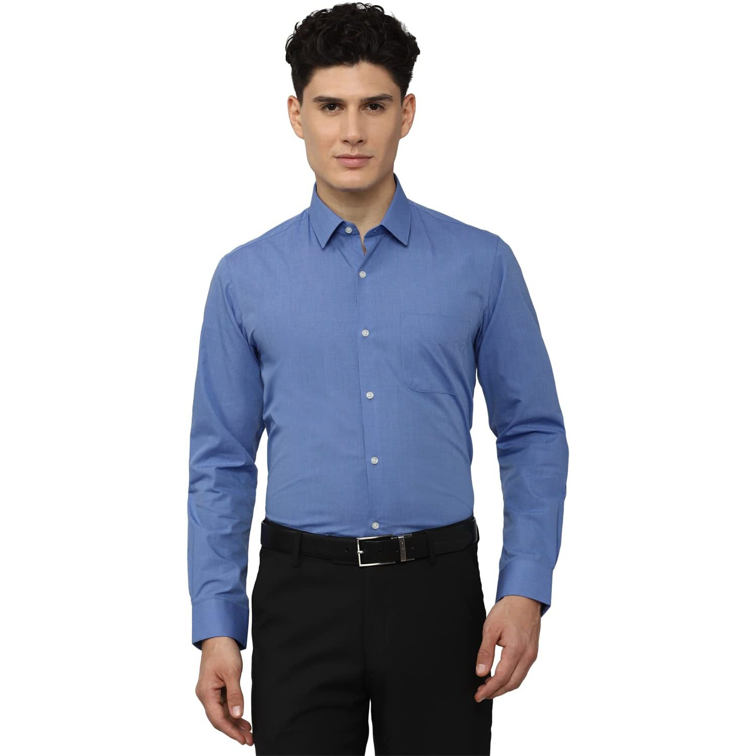 Peter England Men's Everday Regular Fit Solid Shirt | Cotton Rich | 5-Pin Pocketing Medium Blue