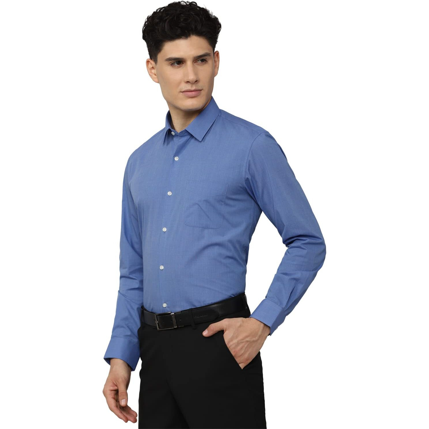 Peter England Men's Everday Regular Fit Solid Shirt | Cotton Rich | 5-Pin Pocketing Medium Blue
