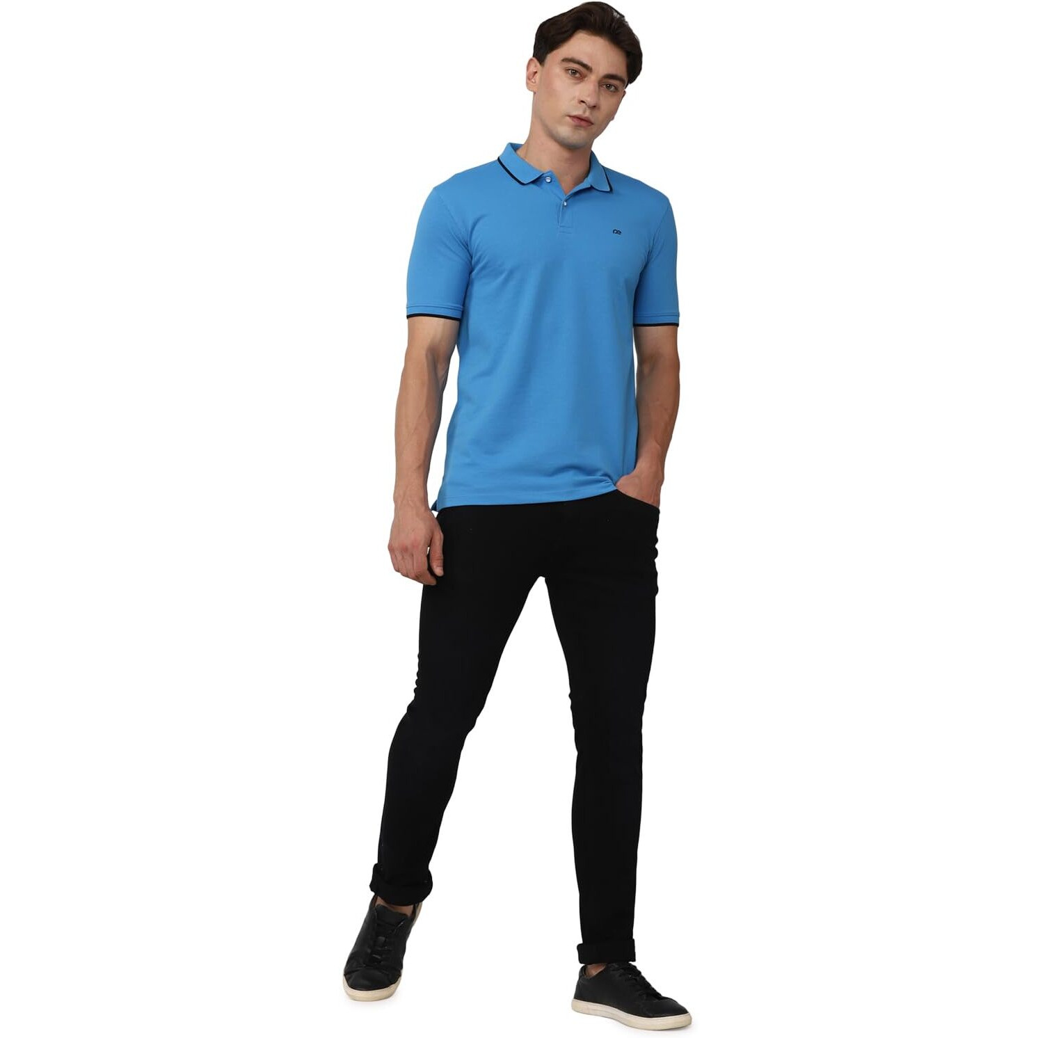 Peter England Men's Snug Fit Solid Polo T-Shirt with Coloured Collar Tipping| Cotton Rich| Premium Pique Weave Medium Blue