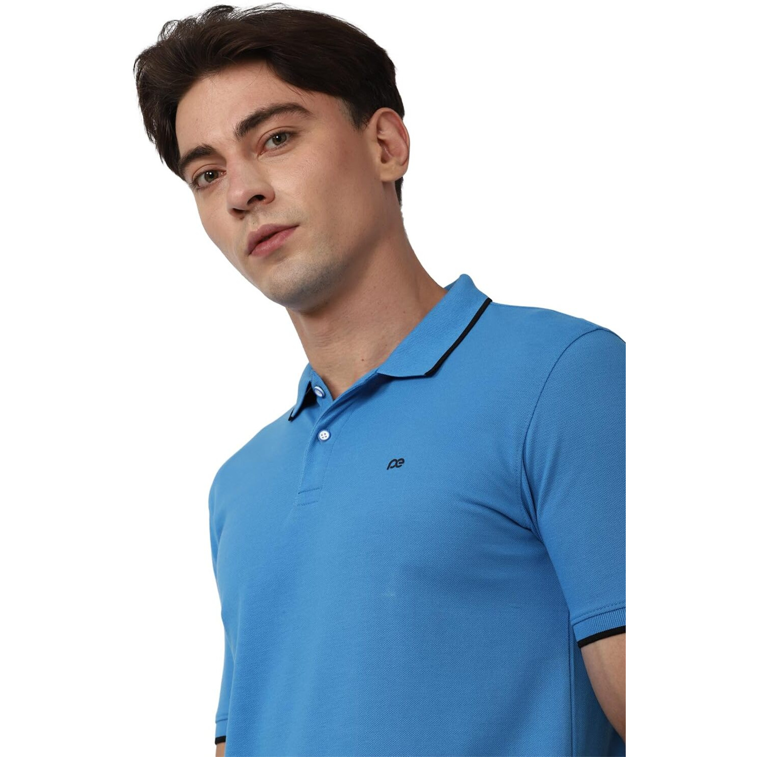 Peter England Men's Snug Fit Solid Polo T-Shirt with Coloured Collar Tipping| Cotton Rich| Premium Pique Weave Medium Blue