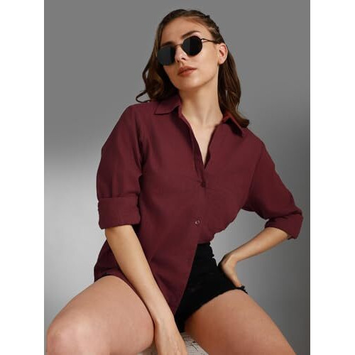 HIGH STAR Women's Oversized Fit Shirt (HSWSHW23509_WN_Red