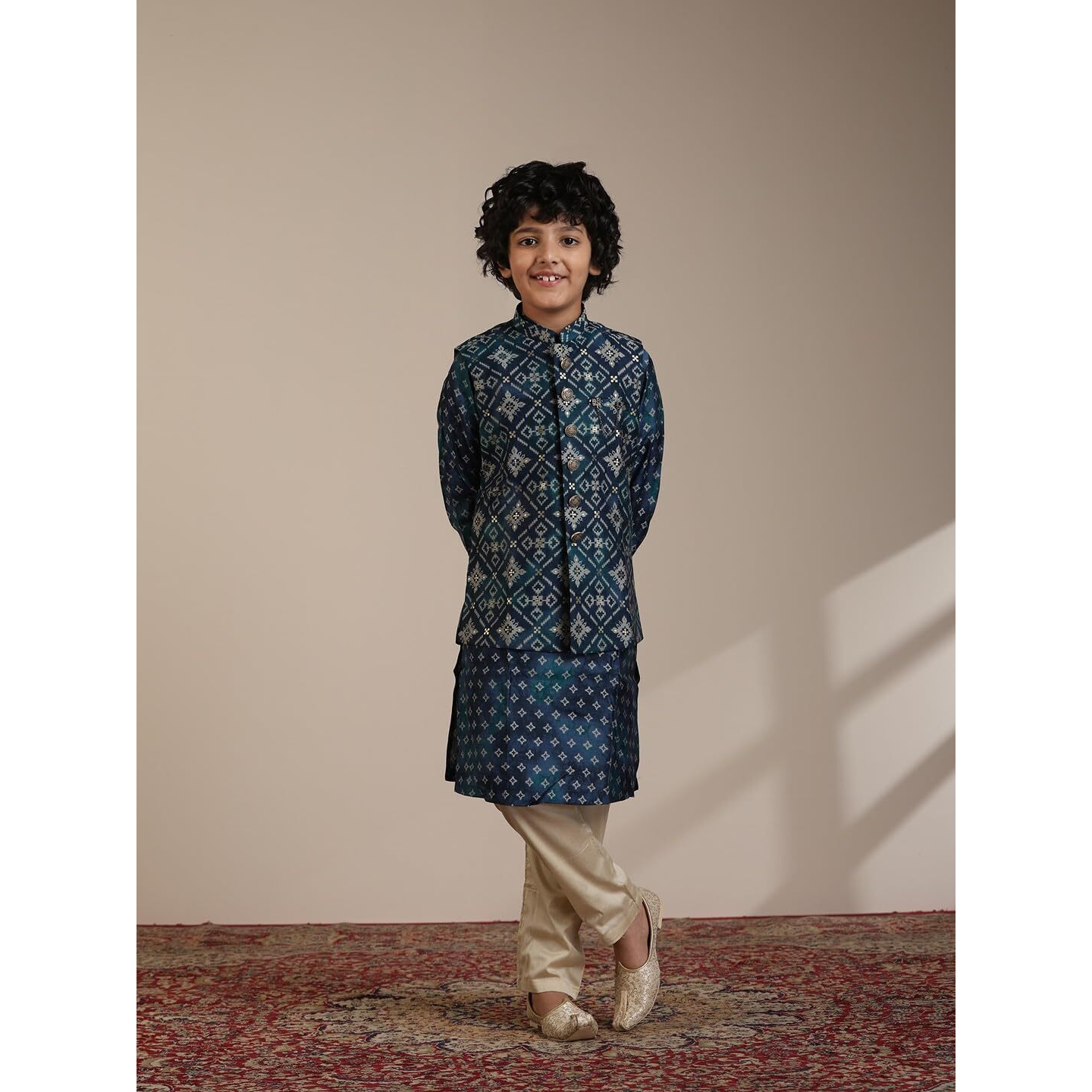 Manyavar Teal Blue Blended Viscose Foil Print Kurta Jacket Pyjama Set for Child