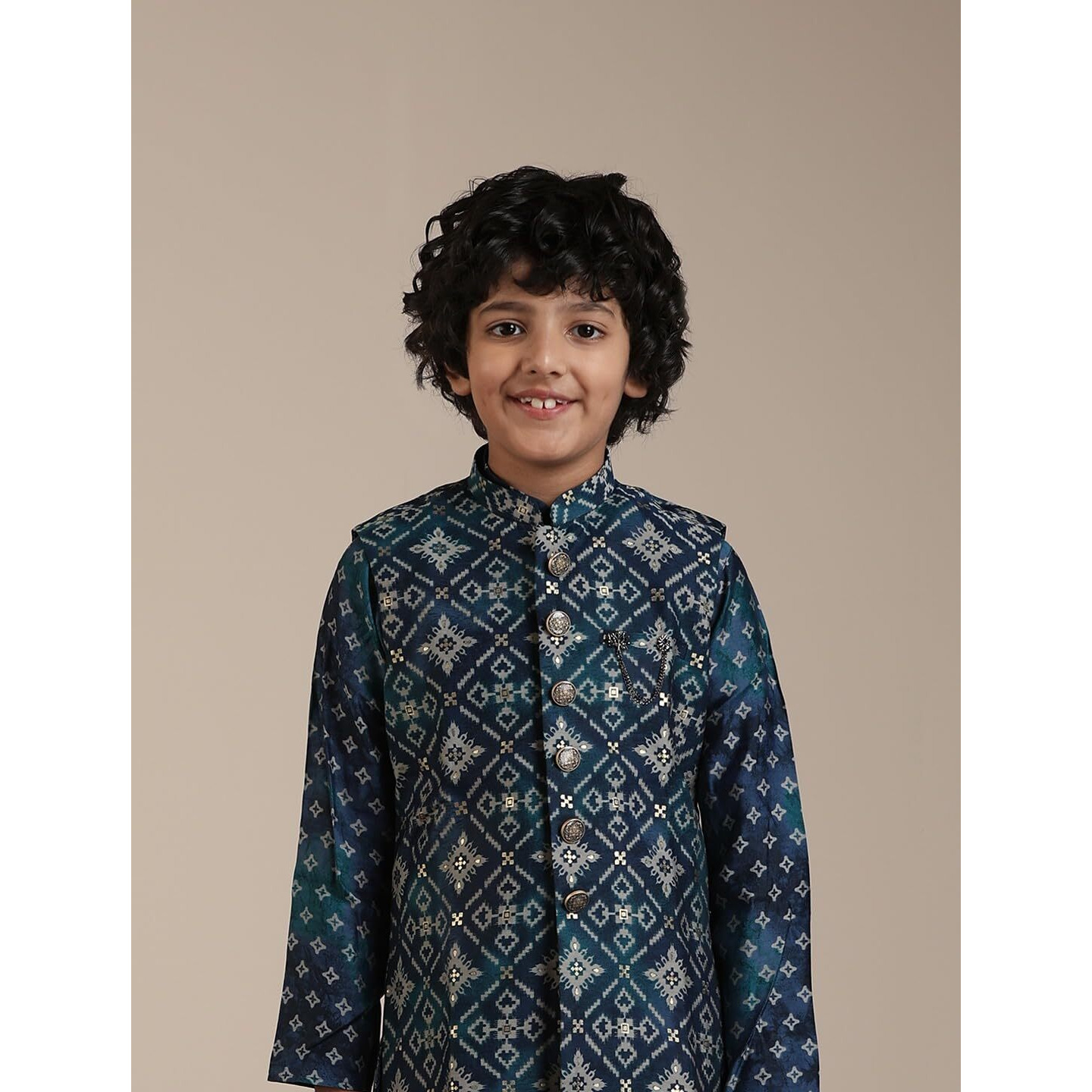 Manyavar Teal Blue Blended Viscose Foil Print Kurta Jacket Pyjama Set for Child