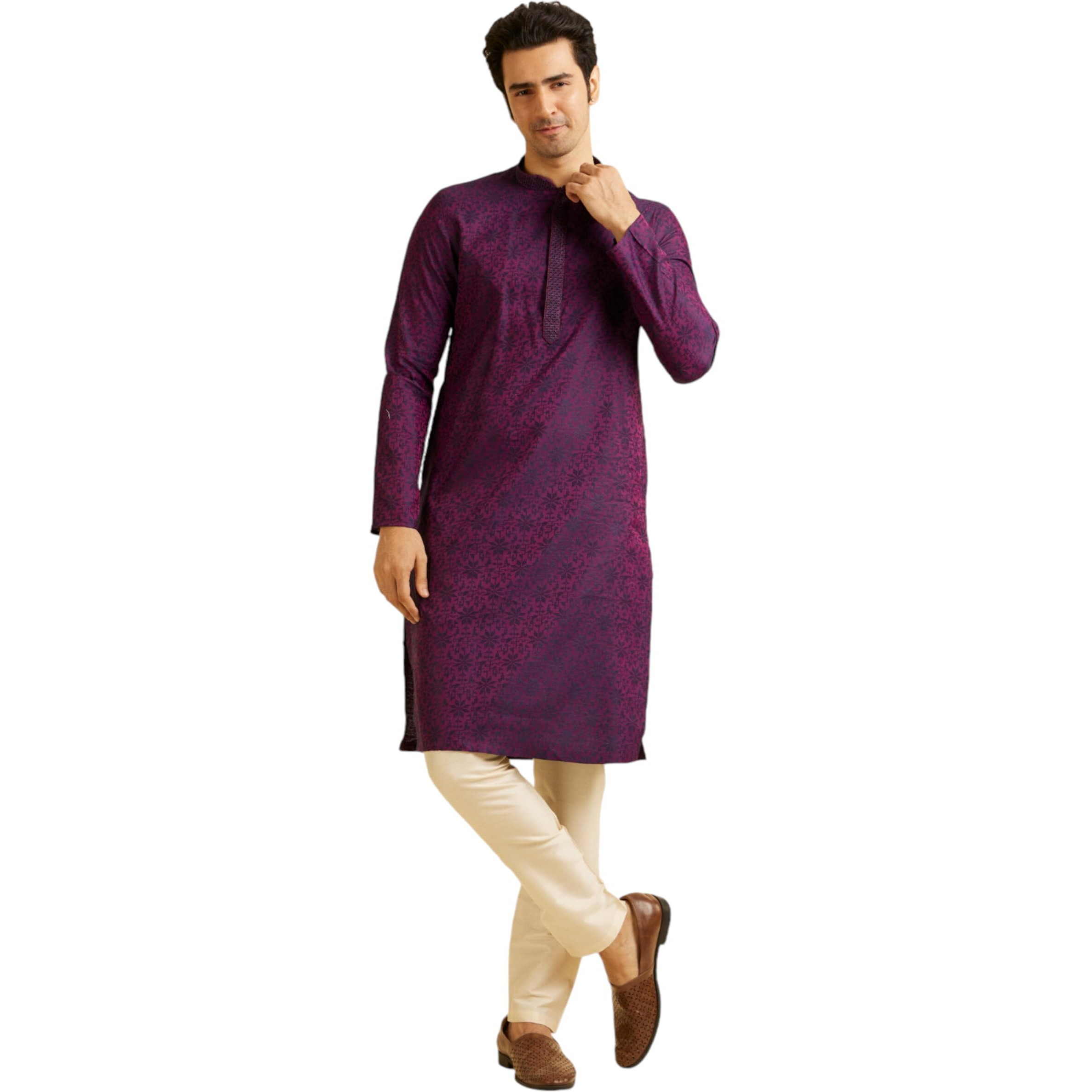 Manyavar Men's Viscose Blend Jacquard Embroidered Kurta Pyjama Set (Purple,XL)