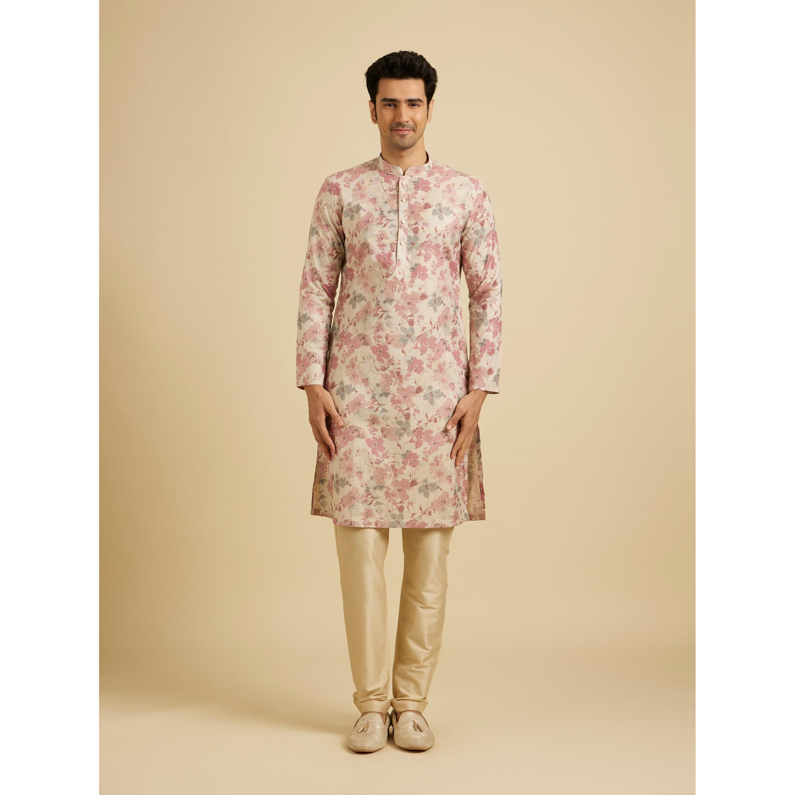 Manyavar Men's Linen Blend Digital Floral Print Long Kurta (Pink,3XL)