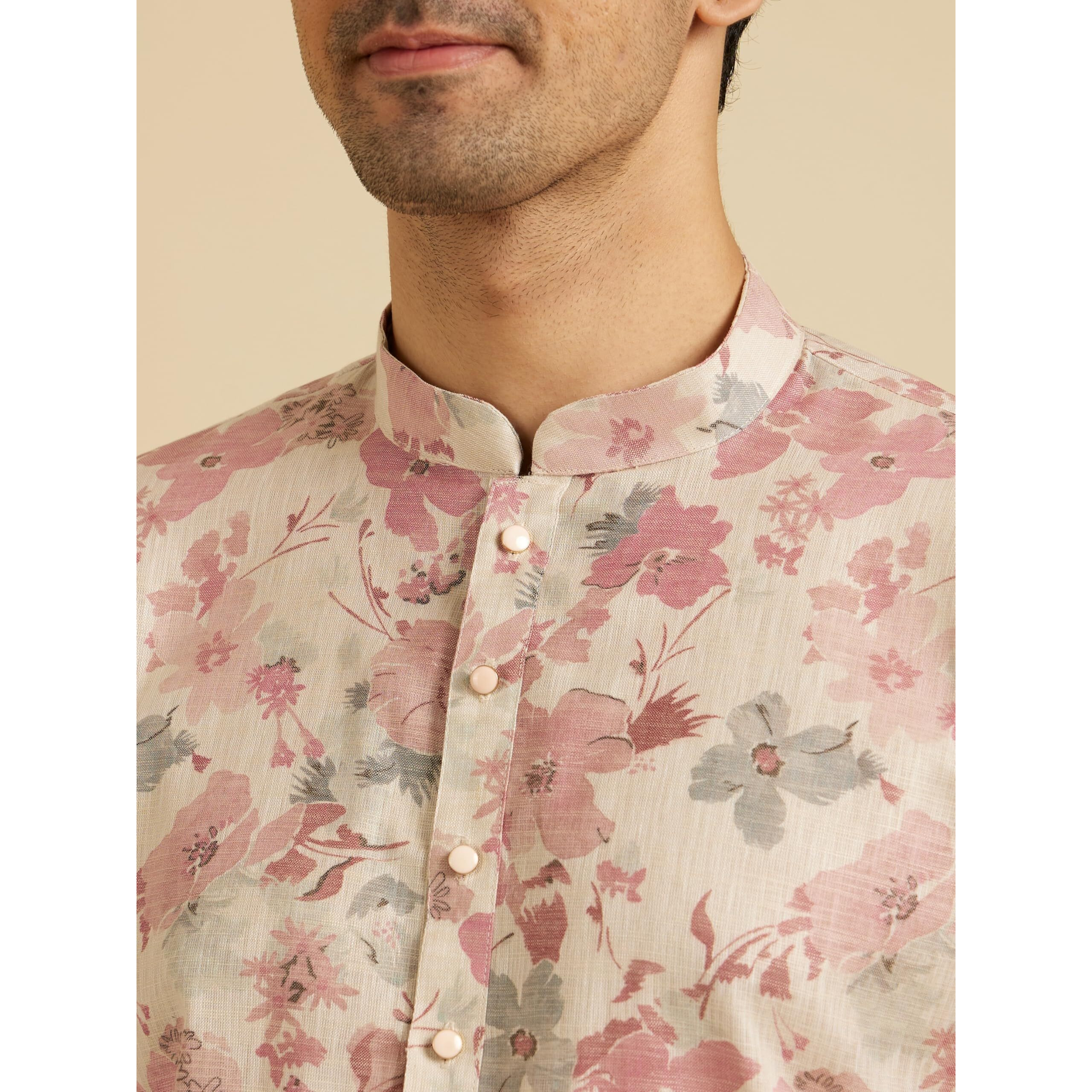 Manyavar Men's Linen Blend Digital Floral Print Long Kurta (Pink,3XL)
