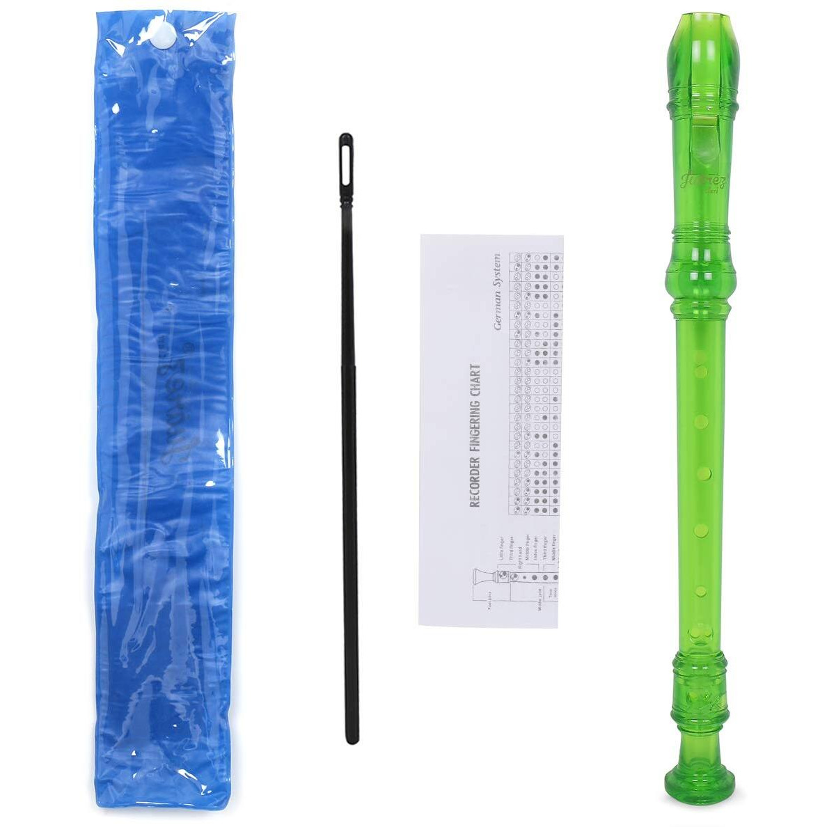 JUAREZ JRF100GR Clar Descant German Style 8 Holes Soprano Recorder Flute with Cleaning Rod Suitable for School Ensembles | Home Practice | Music Classes | Gift, Green with Cleaning Rod & Case