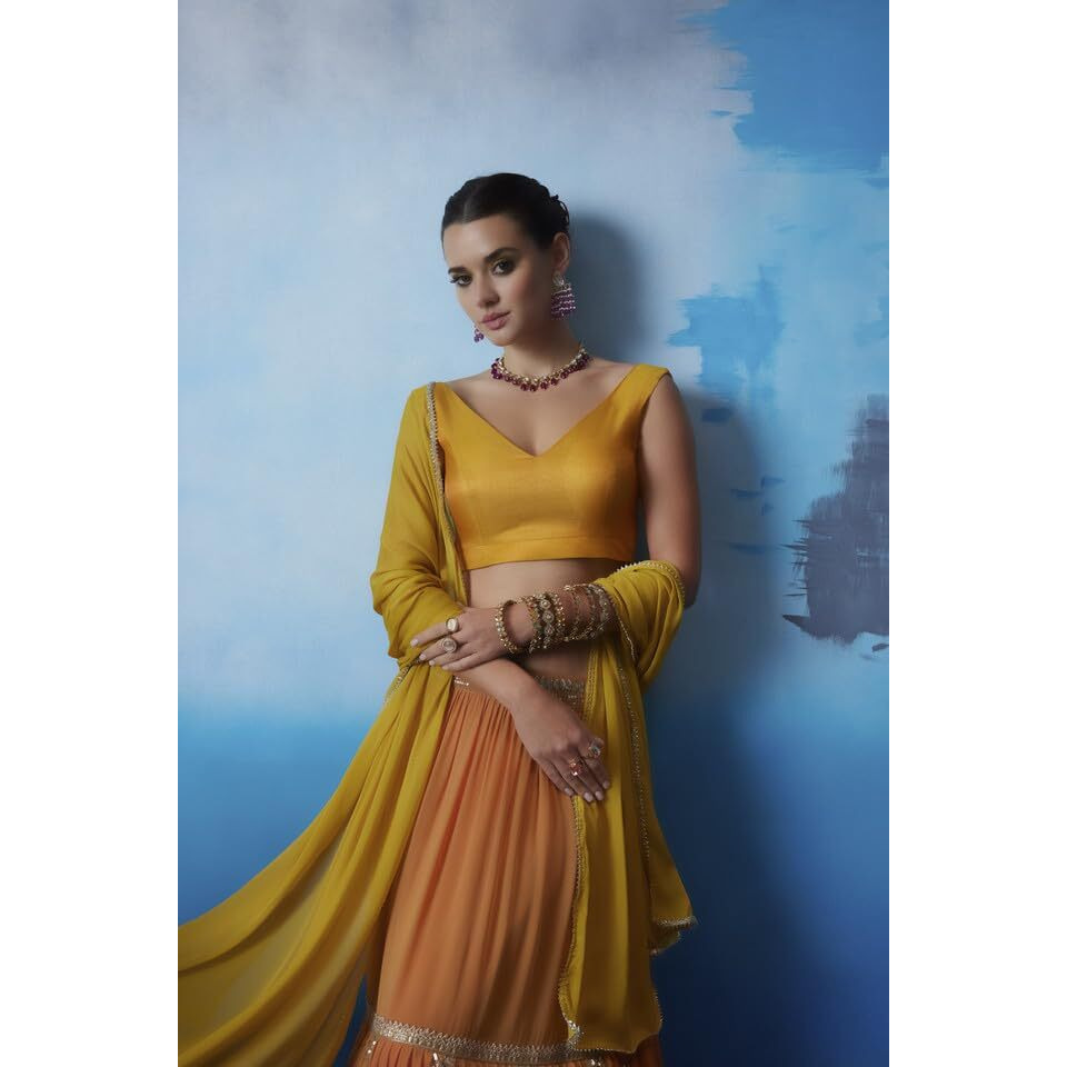 Soch Womens Mustard Tussar V-Neck Back-Open Sleeveless Blouse