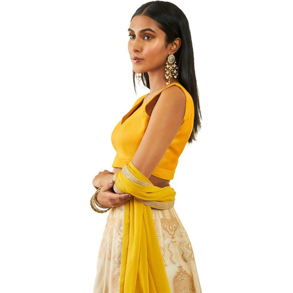 Soch Womens Mustard Tussar V-Neck Back-Open Sleeveless Blouse