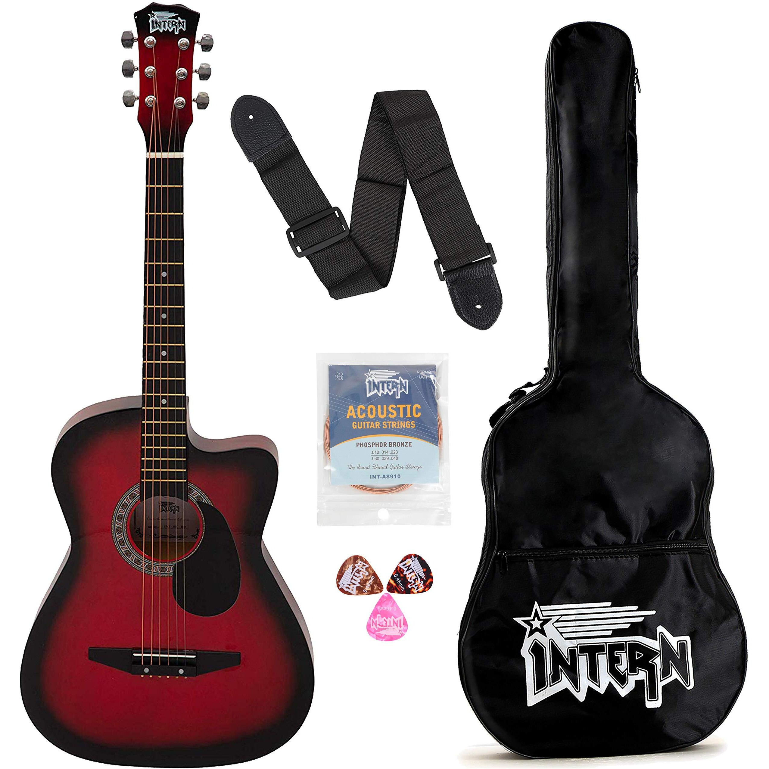Intern INT-38C-RD-G Linden Wood Cutaway Right Handed Acoustic Guitar Kit, With Bag, Strings, Pick And Strap (Red, 6 Strings)